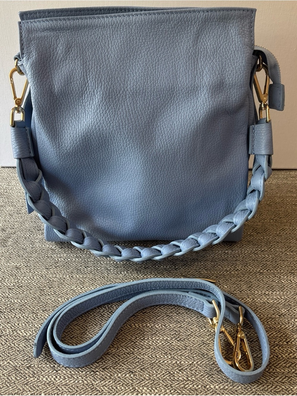 Women's Sky Blue Leather Crossbody Bag with Braided Handle